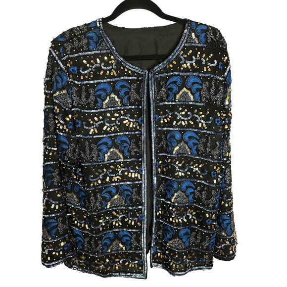 1980s Sequin beaded 46” bust Adrian Papell Dinner Jacket Large XL Cuple - Picture 1 of 5